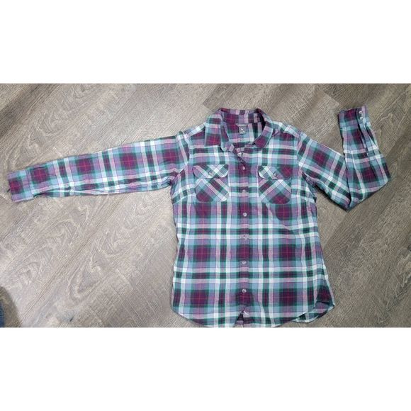 Eddie Bauer Button Down Flannel Women's S Petie Plaid Purple & Green 100% Cotton - Picture 5 of 15